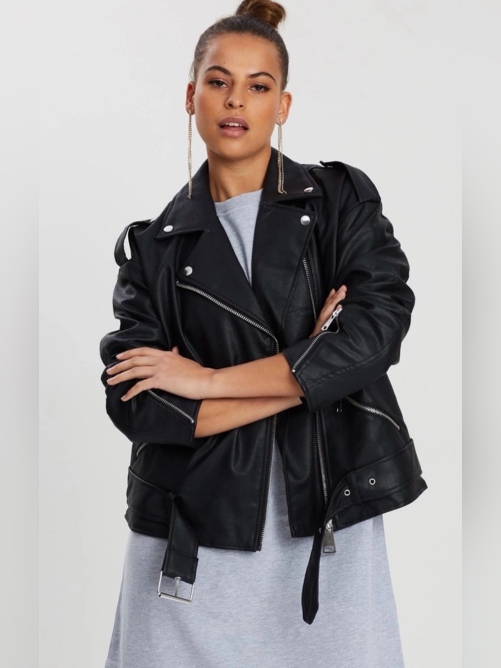 MISSGUIDED Black Faux Leather Moto Jacket with Belt